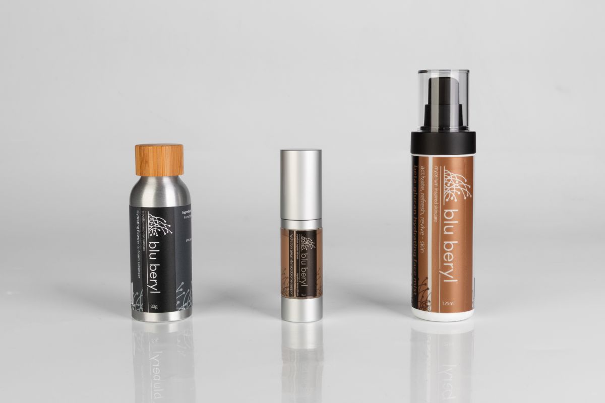 Blu Beryl’s minimalist skincare trio featuring the Powder-to-Foam Cleanser, Hydrating Face Mist and Hydration Serum — a South African range powered by mushroom science.